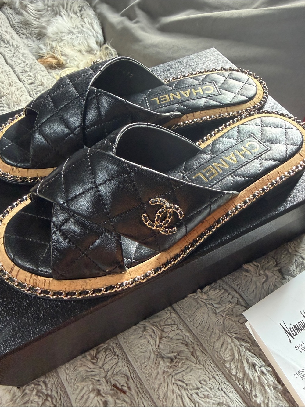 CHANEL Authentic Black Quilted Leather Mules with Gold Chain Trim
